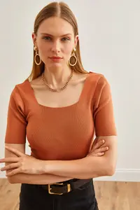 Olalook Women's Copper Square Collar Above Waist Knitwear Blouse - Image 3