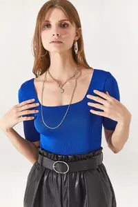 Olalook Women's Saks Blue Square Neck Above Waist Knitwear Blouse - Image 2