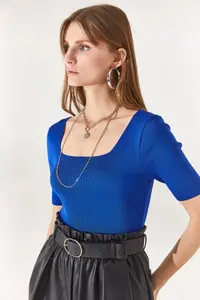 Olalook Women's Saks Blue Square Neck Above Waist Knitwear Blouse - Image 3