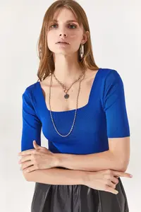 Olalook Women's Saks Blue Square Neck Above Waist Knitwear Blouse - Image 4
