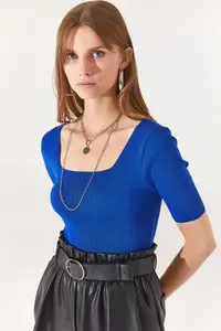 Olalook Women's Saks Blue Square Neck Above Waist Knitwear Blouse - Image 5