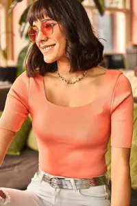 Olalook Women's Salmon Square Collar Above Waist Knitwear Blouse - Image 2