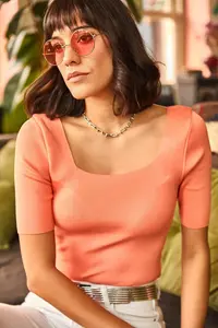Olalook Women's Salmon Square Collar Above Waist Knitwear Blouse - Image 4