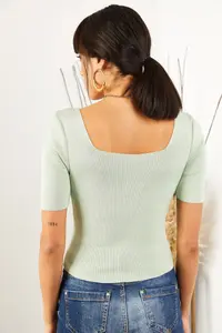 Olalook Women's Water Green Square Collar Above Waist Knitwear Blouse - Image 5