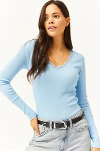 Olalook Women's Baby Blue Collar Lace V-Neck Camisole Knitted Blouse
