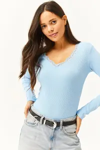 Olalook Women's Baby Blue Collar Lace V-Neck Camisole Knitted Blouse - Image 4