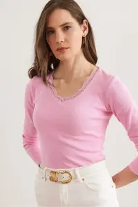 Olalook Women's Candy Pink Collar Lace V-Neck Camisole Knitted Blouse - Image 3