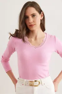 Olalook Women's Candy Pink Collar Lace V-Neck Camisole Knitted Blouse - Image 5