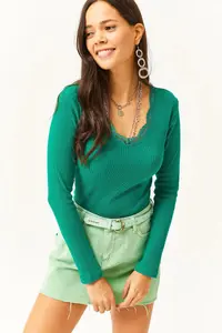 Olalook Women's Emerald Green Collar Lace V-Neck Camisole Knitted Blouse - Image 4