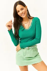 Olalook Women's Emerald Green Collar Lace V-Neck Camisole Knitted Blouse - Image 6