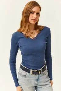 Olalook Women's Indigo Collar Lace V-Neck Camisole Knitted Blouse - Image 5