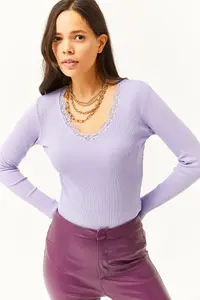 Olalook Women's Lilac Collar Lace V-Neck Camisole Knitted Blouse - Image 3