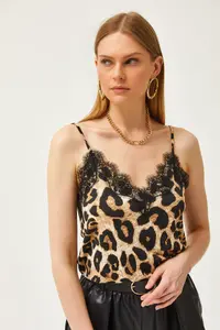 Olalook Women's Large Leopard Strap Adjustable Lace Draped Knitted Athlete Blouse - Image 4