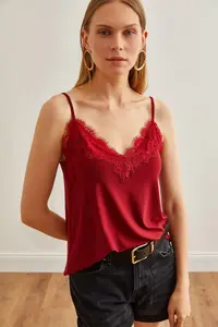Olalook Women's Burgundy Strap Adjustable Lace Draped Knitted Athlete Blouse