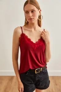Olalook Women's Burgundy Strap Adjustable Lace Draped Knitted Athlete Blouse - Image 3
