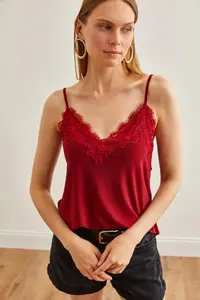 Olalook Women's Burgundy Strap Adjustable Lace Draped Knitted Athlete Blouse - Image 4
