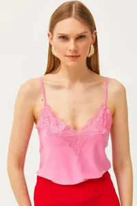 Olalook Women's Candy Pink Strap Adjustable Lace Draped Knitted Athlete Blouse