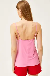 Olalook Women's Candy Pink Strap Adjustable Lace Draped Knitted Athlete Blouse - Image 2