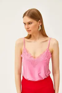 Olalook Women's Candy Pink Strap Adjustable Lace Draped Knitted Athlete Blouse - Image 3