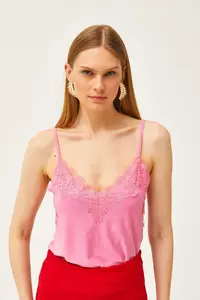 Olalook Women's Candy Pink Strap Adjustable Lace Draped Knitted Athlete Blouse - Image 4