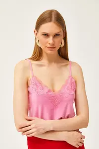 Olalook Women's Candy Pink Strap Adjustable Lace Draped Knitted Athlete Blouse - Image 5
