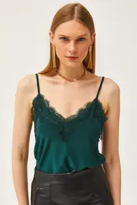Olalook Women's Emerald Green Strap Adjustable Lace Draped Knitted Athlete Blouse - Image 3