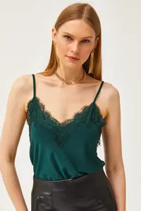 Olalook Women's Emerald Green Strap Adjustable Lace Draped Knitted Athlete Blouse - Image 5