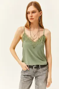 Olalook Women's Khaki Strap Adjustable Lace Draped Knitted Athlete Blouse - Image 2