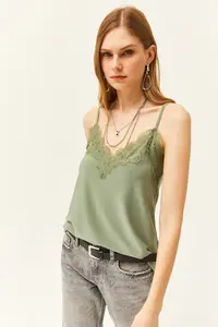 Olalook Women's Khaki Strap Adjustable Lace Draped Knitted Athlete Blouse - Image 3
