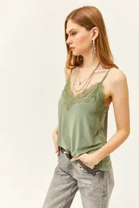 Olalook Women's Khaki Strap Adjustable Lace Draped Knitted Athlete Blouse - Image 4