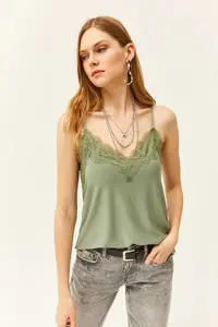 Olalook Women's Khaki Strap Adjustable Lace Draped Knitted Athlete Blouse - Image 5