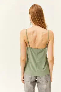 Olalook Women's Khaki Strap Adjustable Lace Draped Knitted Athlete Blouse - Image 6