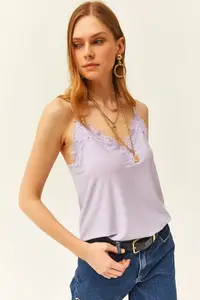 Olalook Women's Lilac Strap Adjustable Lace Draped Knitted Athlete Blouse