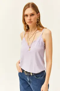 Olalook Women's Lilac Strap Adjustable Lace Draped Knitted Athlete Blouse - Image 2