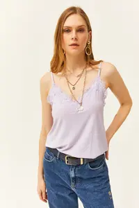Olalook Women's Lilac Strap Adjustable Lace Draped Knitted Athlete Blouse - Image 3