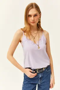 Olalook Women's Lilac Strap Adjustable Lace Draped Knitted Athlete Blouse - Image 4