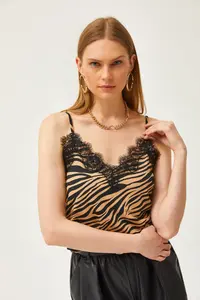 Olalook Women's Mink Zebra Strap Adjustable Lace Draped Knitted Athlete Blouse - Image 4