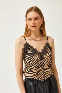 Olalook Women's Mink Zebra Strap Adjustable Lace Draped Knitted Athlete Blouse - Image 5