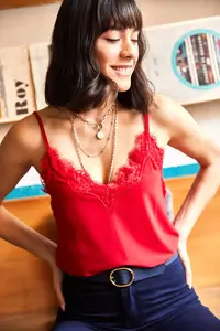 Olalook Women's Red Strap Adjustable Lace Draped Knitted Athlete Blouse - Image 4