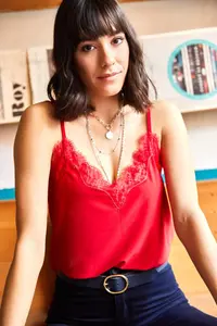 Olalook Women's Red Strap Adjustable Lace Draped Knitted Athlete Blouse - Image 5