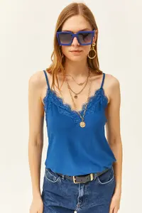 Olalook Women's Saks Blue Strap Adjustable Lace Draped Knitted Athlete Blouse