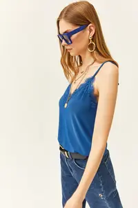 Olalook Women's Saks Blue Strap Adjustable Lace Draped Knitted Athlete Blouse - Image 3