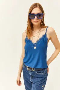 Olalook Women's Saks Blue Strap Adjustable Lace Draped Knitted Athlete Blouse - Image 4