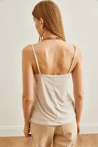 Olalook Women's Stone Camel Strap Adjustable Lace Draped Knitted Athlete Blouse - Image 2