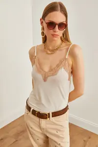 Olalook Women's Stone Camel Strap Adjustable Lace Draped Knitted Athlete Blouse - Image 3