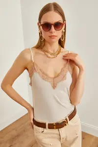 Olalook Women's Stone Camel Strap Adjustable Lace Draped Knitted Athlete Blouse - Image 4