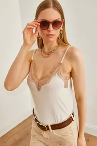 Olalook Women's Stone Camel Strap Adjustable Lace Draped Knitted Athlete Blouse - Image 5