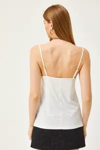 Olalook Women's White Black Strap Adjustable Lace Draped Knitted Athlete Blouse - Image 2