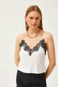 Olalook Women's White Black Strap Adjustable Lace Draped Knitted Athlete Blouse - Image 3