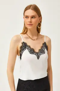 Olalook Women's White Black Strap Adjustable Lace Draped Knitted Athlete Blouse - Image 4